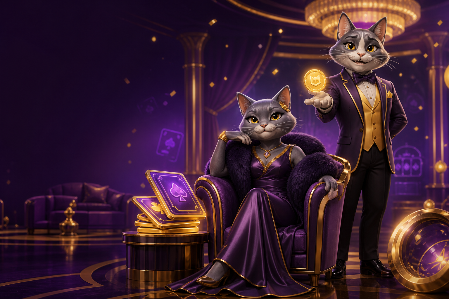 Фиолетово-золотой игровой лаунж Cat Casino